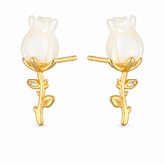 Gold Rose Bud Stud Earrings with White Crystal