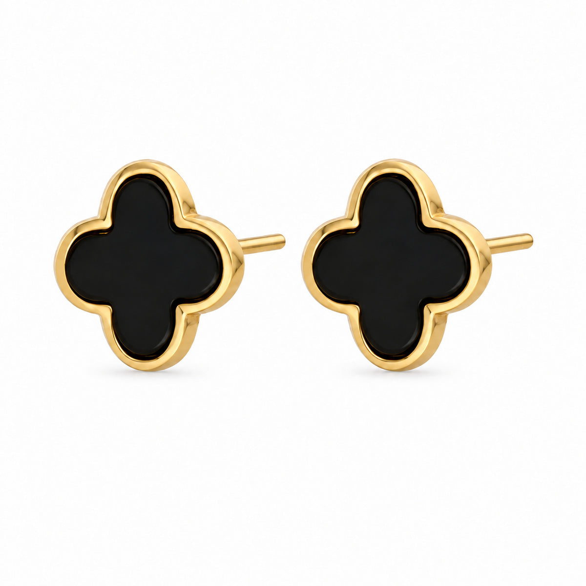 Gold Clover Stud Earrings with Black Onyx