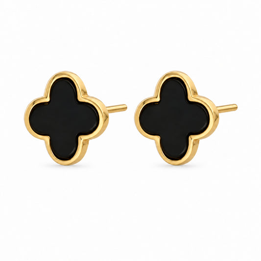 Gold Clover Stud Earrings with Black Onyx