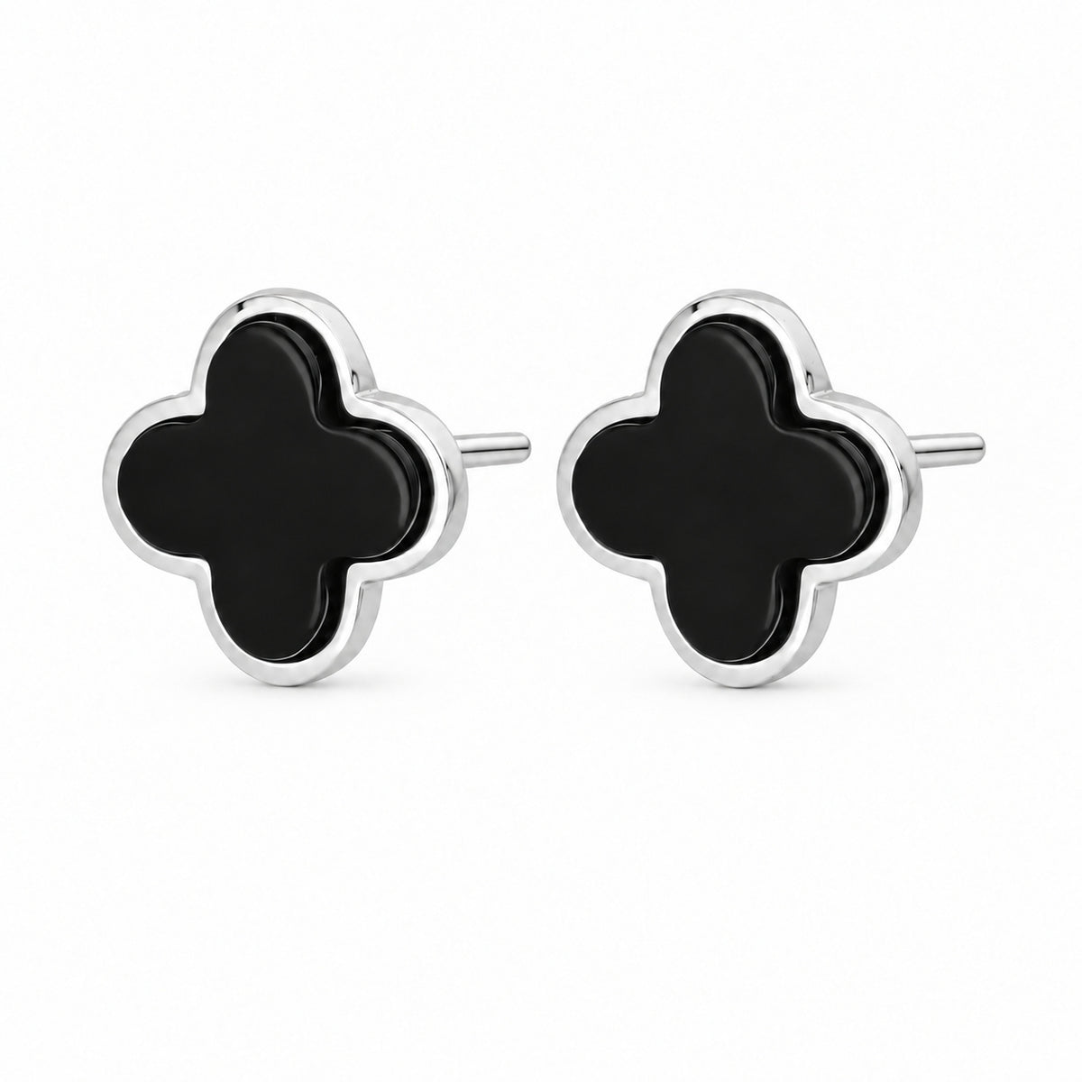 Silver and Black Clover Stud Earrings with Onyx