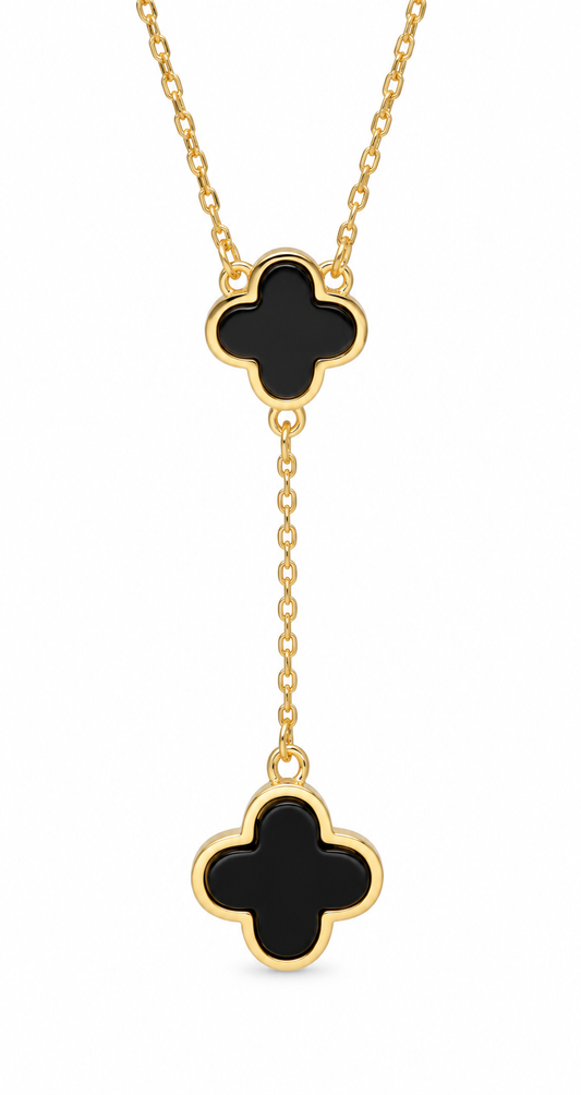 Gold Clover Lariat Necklace with Black Onyx