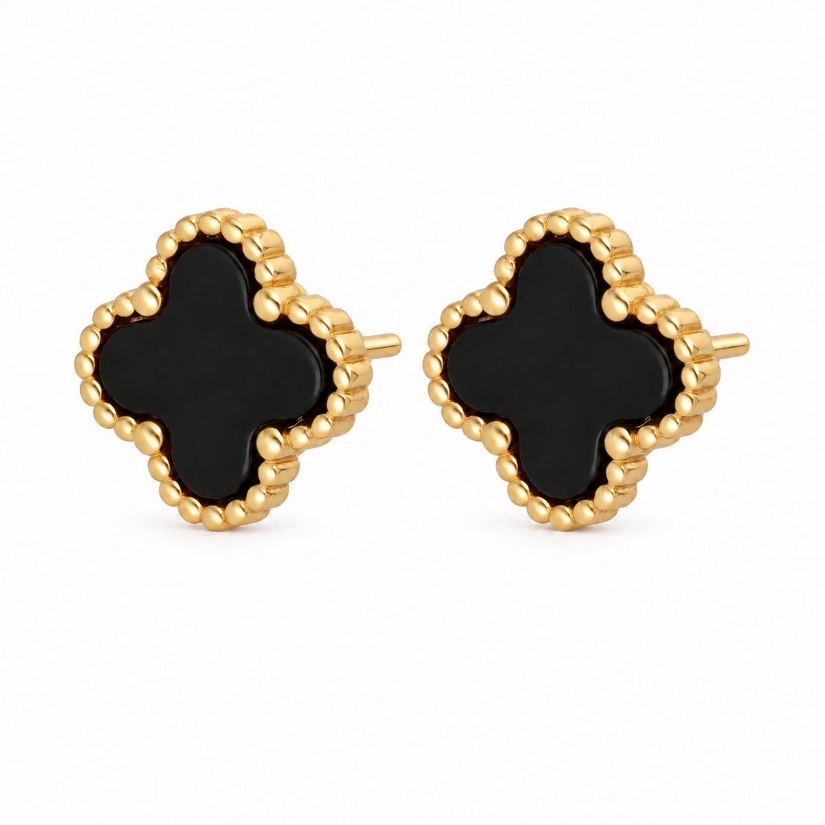 Gold Clover Stud Earrings – Black Onyx, Beaded Border
