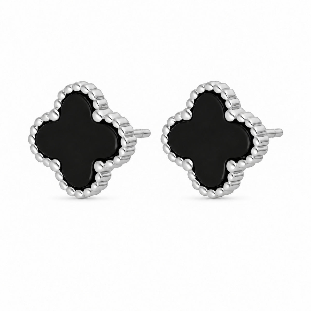 Silver Beaded Clover Stud Earrings with Black Onyx