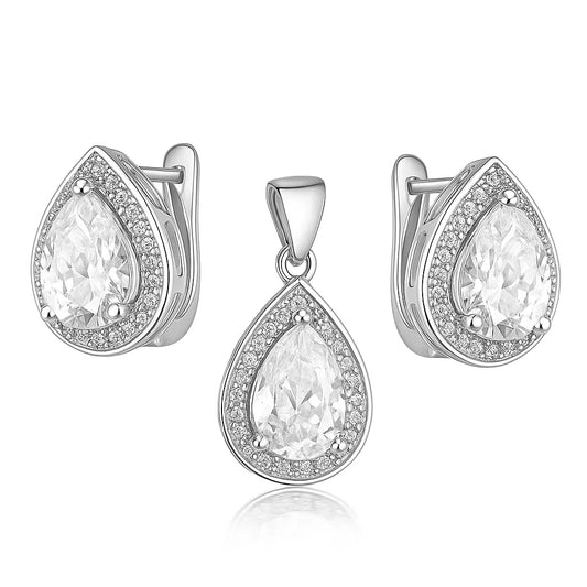 Jewelry set with teardrop-shaped pendants on a white background
