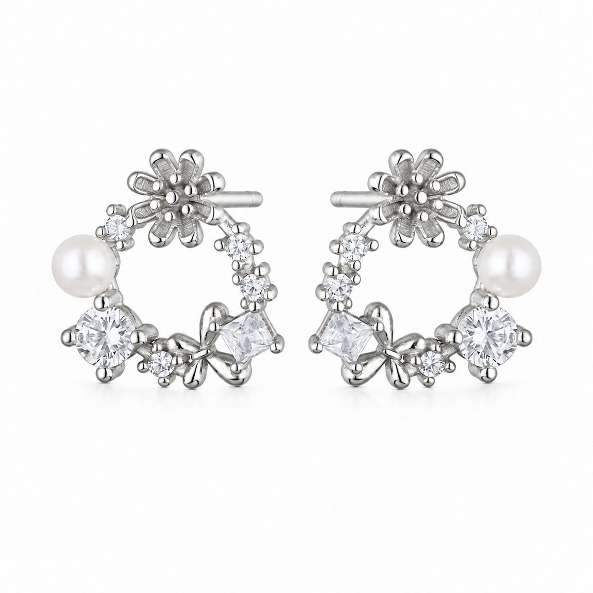 Silver Pearl and Zirconia Wreath Stud Earrings