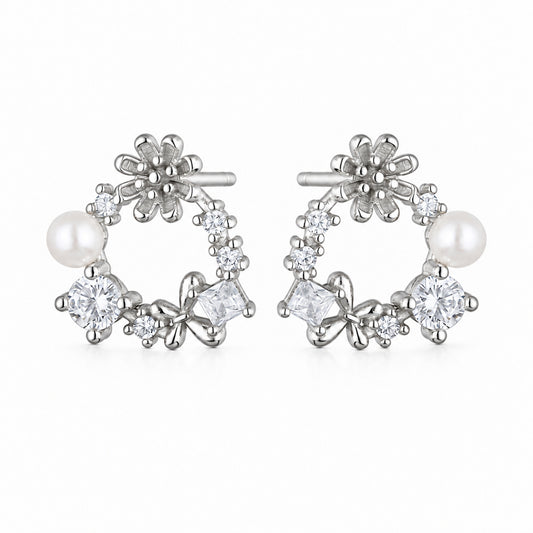 Silver Pearl and Zirconia Wreath Stud Earrings