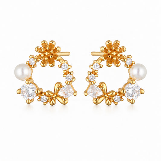 Gold Pearl and Zirconia Wreath Stud Earrings