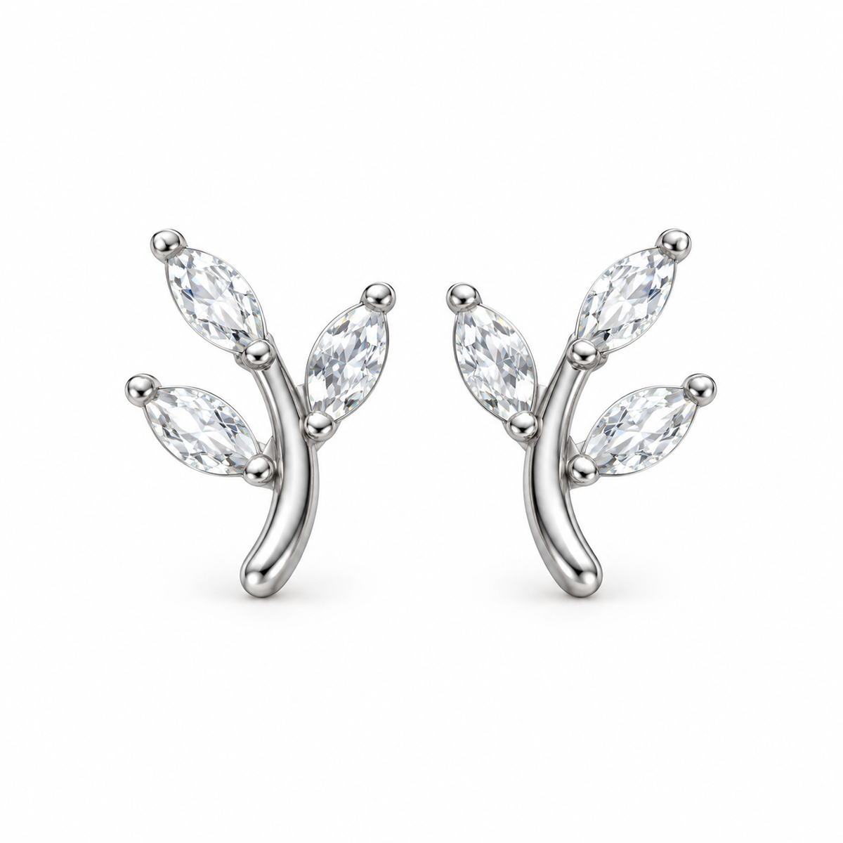 A pair of silver branch stud earrings with marquise-cut clear gemstones, shown on a plain white background.