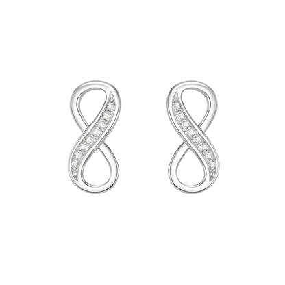 Silver infinity-shaped earrings with small zirconia on a white background
