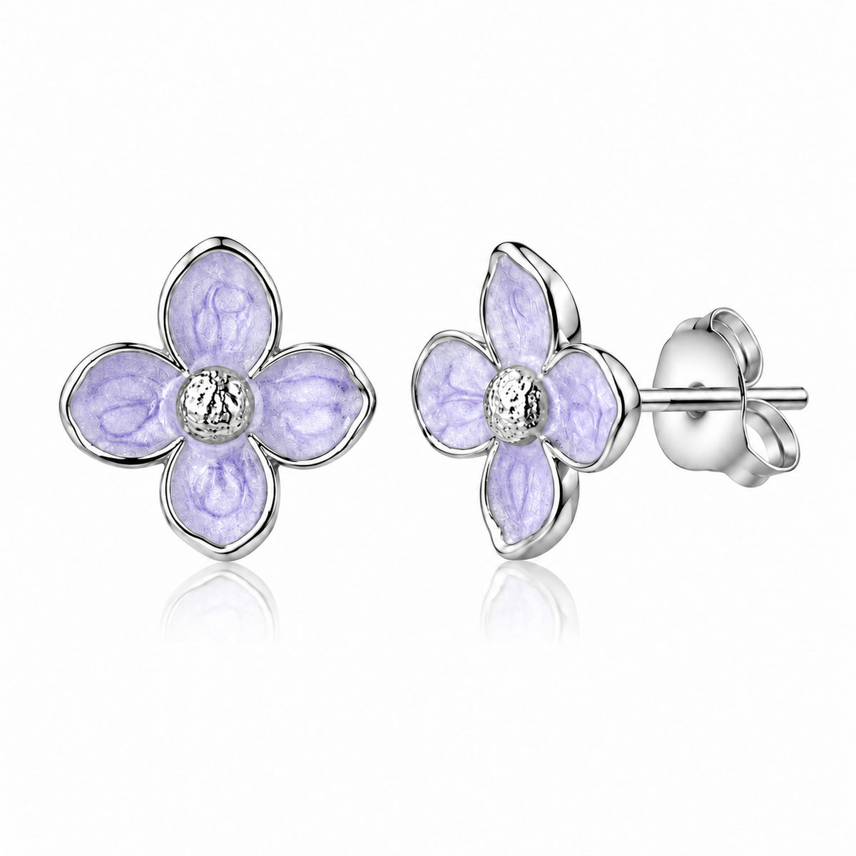 Silver Enamel Flower Stud Earrings in Purple