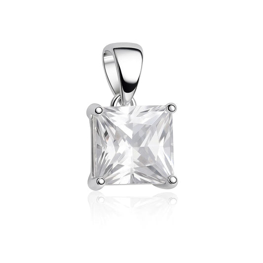 Silver pendant with a clear square-cut gemstone on a white background
