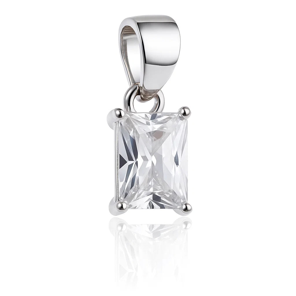 Silver pendant with a clear gemstone on a white background