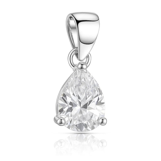 Silver pendant with a large teardrop-shaped clear gemstone on a white background