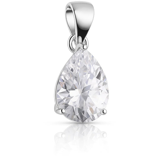 Teardrop-shaped diamond pendant on a white background