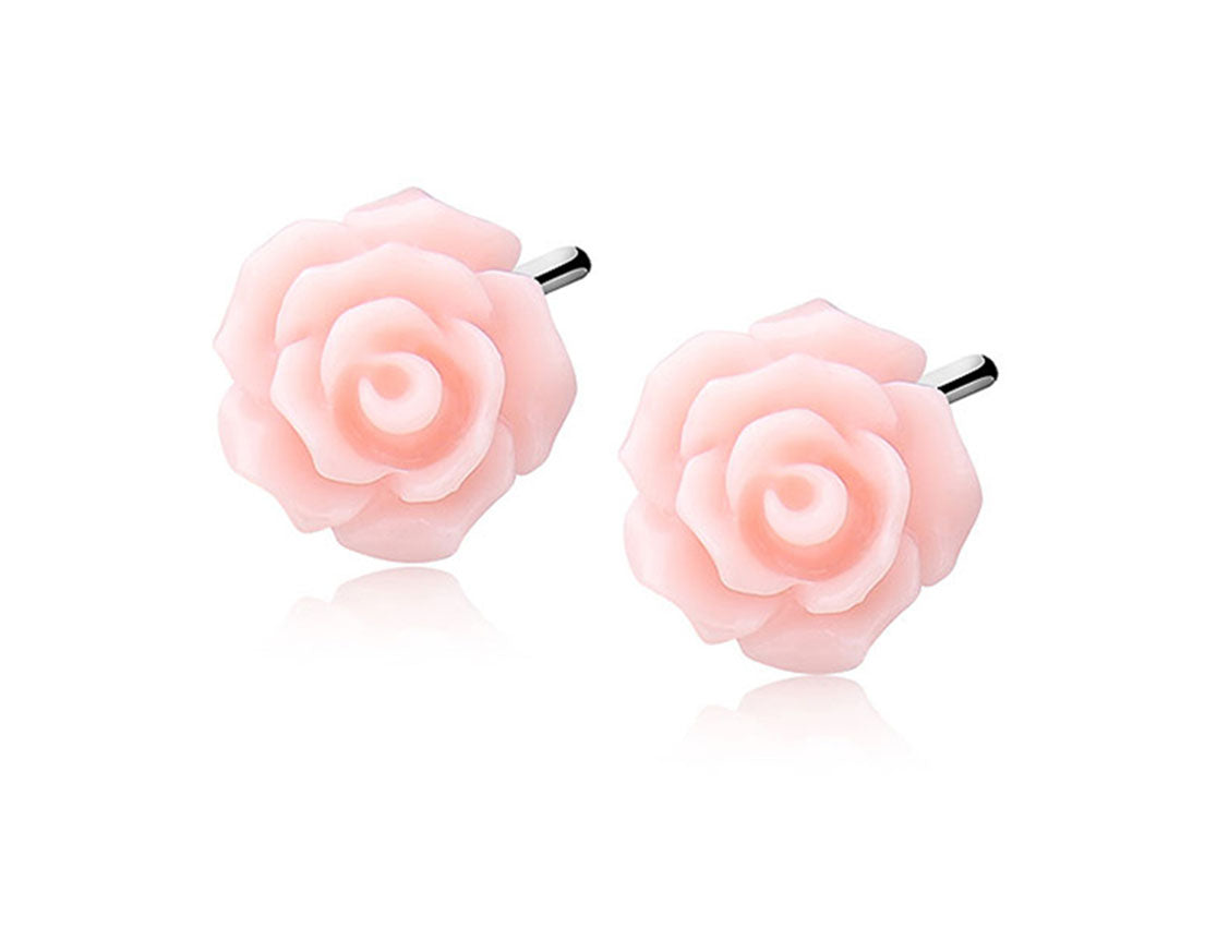 Pink Rose Stud Silver Earrings - Amona Jewelry
