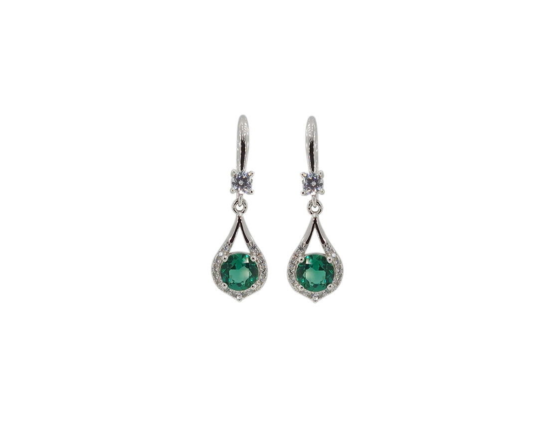 Glamorous silver earrings featuring synthetic emerald stones set within a halo of cubic zirconia. Amona Jewellery