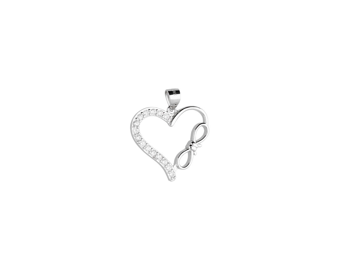 Hearth Shaped Silver Pendant Half Covered With CZ and Bowtie, Rhodium Plated - Amona Jewelry