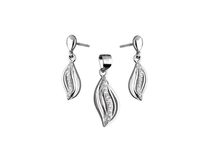 Silver Leaf Shaped Pendant and Earrings Shaped Set, Rhodium Plated - Amona Jewellery