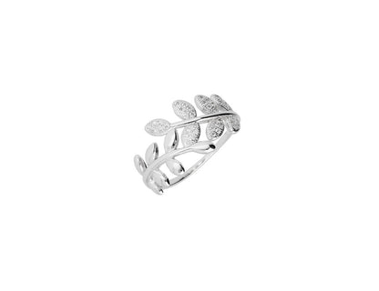 Silver Leaf Ring Rhodium Plated Cubic Zirconia - Amona Jewelry