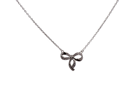 Silver Rhodium Plated Necklace With Bowtie Covered with CZ On A Cable Chain - Amona Jewellery