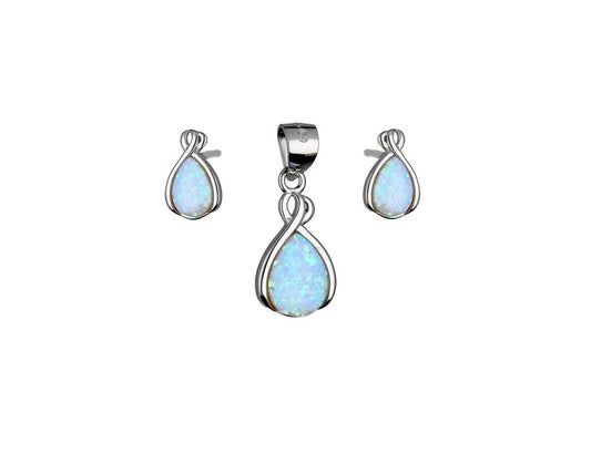 Silver Opal Earrings and Pendant Set, Rhodium Plated - Amona Jewellery