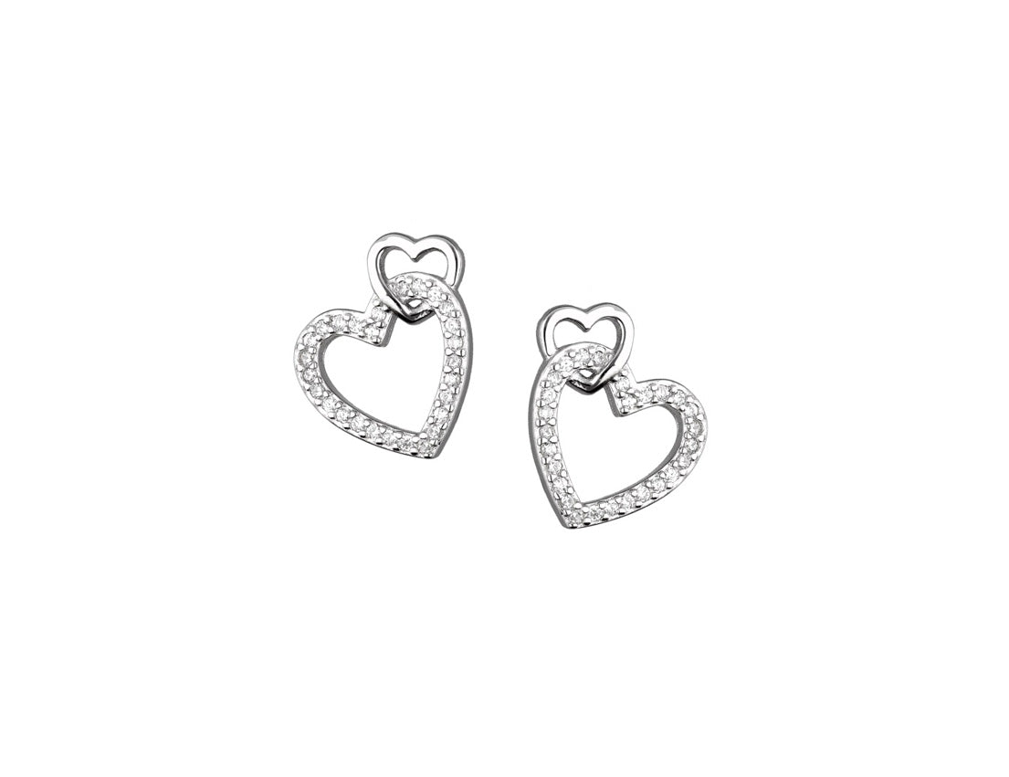 Silver Stud Earrings Two Hearts CZ Stones Rhodium Plated  Amona Jewellery