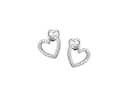 Silver Stud Earrings Two Hearts CZ Stones Rhodium Plated  Amona Jewellery