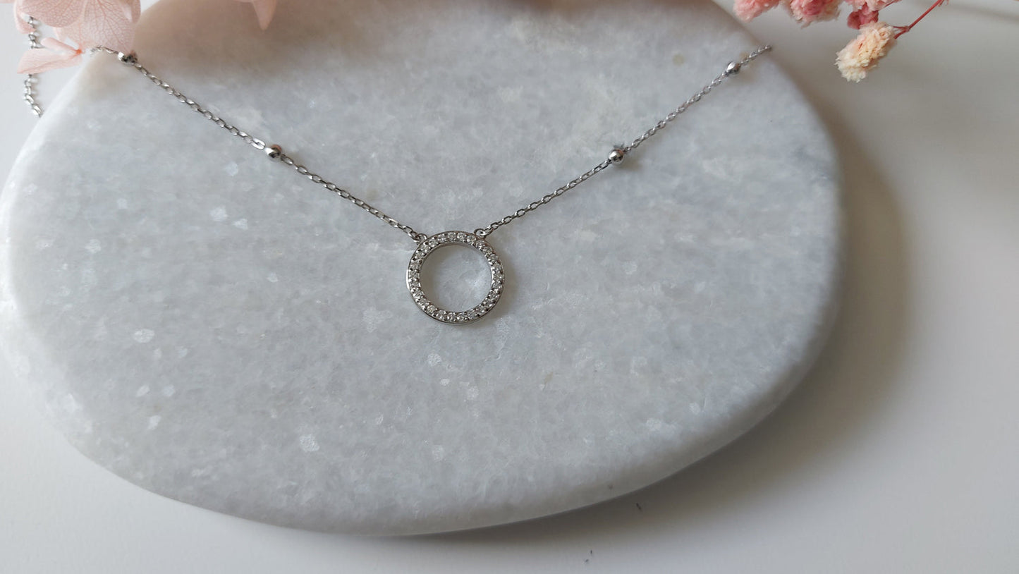 Silver Circle Pendant Necklace with CZ - Amona Jewellery