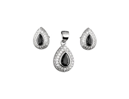 Silver Teardrop Jewelry Set with Black Gemstone Earrings and Pendant - Amona Jewellery