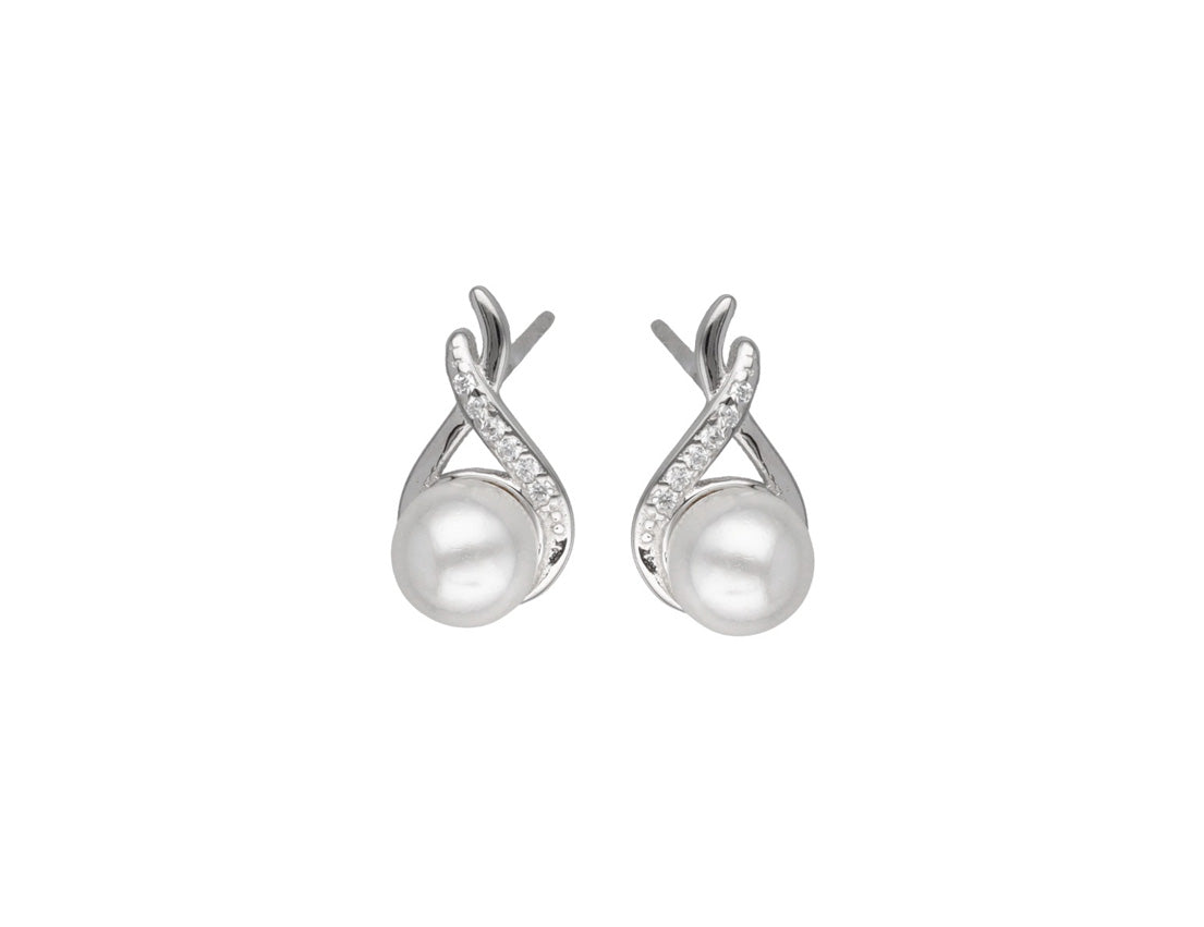 Silver Stud Earrings Pearl Tear Shape Cubic Zirconia Stones Rhodium Plated  Amona Jewellery