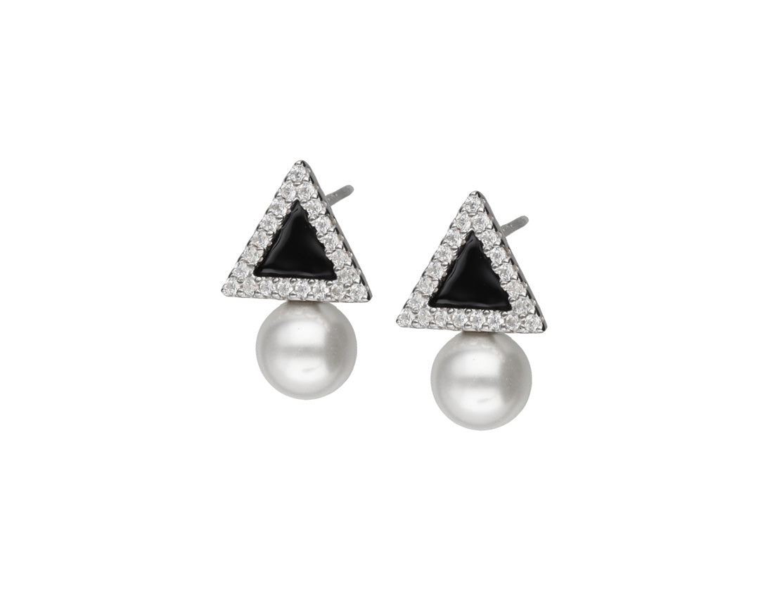 Silver Stud Earrings Pearl Triangle CZ Stones Rhodium Plated  Amona Jewellery