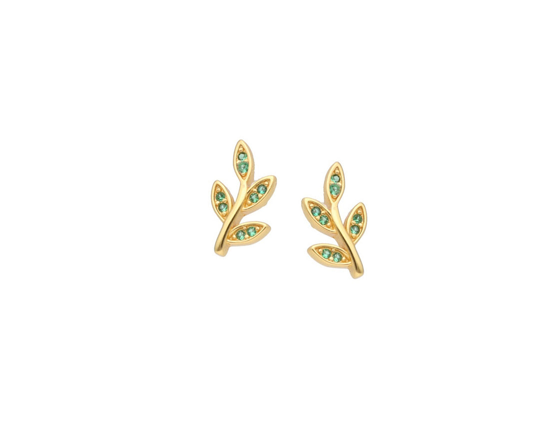 Gold Branch Earrings with Green Zirconia - Amona Jewelry