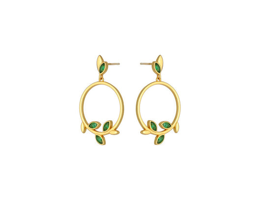 18k Gold Plated Drop Earrings Leaves Circle Green CZ - Amona Jewellery