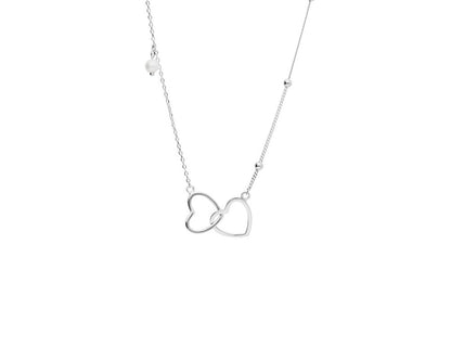 Silver Rhodium Plated Neckalce With Double Hearts and Double Style Chains - Amona Jewellery