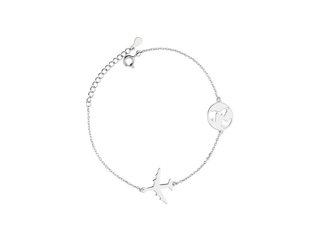 Travelar Rhodium Plated Silver Bracelet With Plane and Planet - Amona Jewellery