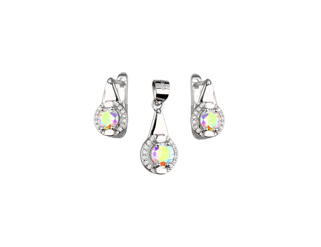 Rainbow Colorful Silver Rhodium Plated Earrings and Pendant Set - Amona Jewellery