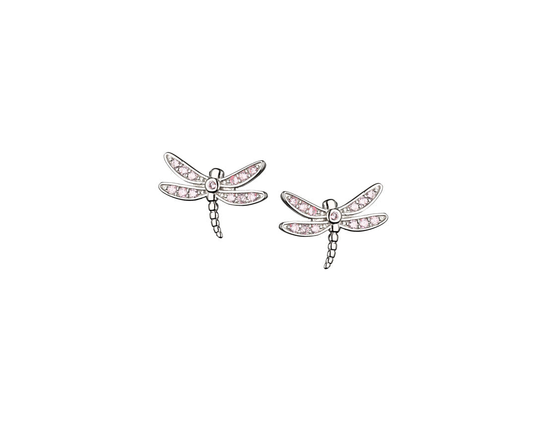 Silver Stud Dragonfly Earrings Pink Zirconia Rhodium Plated Amona Jewellery