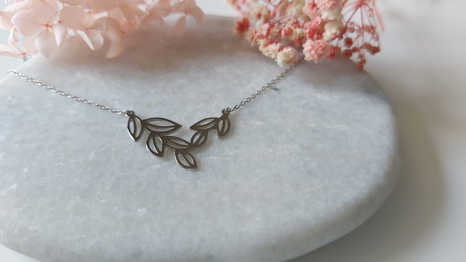 Silver Rhodium Plated Necklace With Multiple Leaf Ornaments - Amona Jewelry