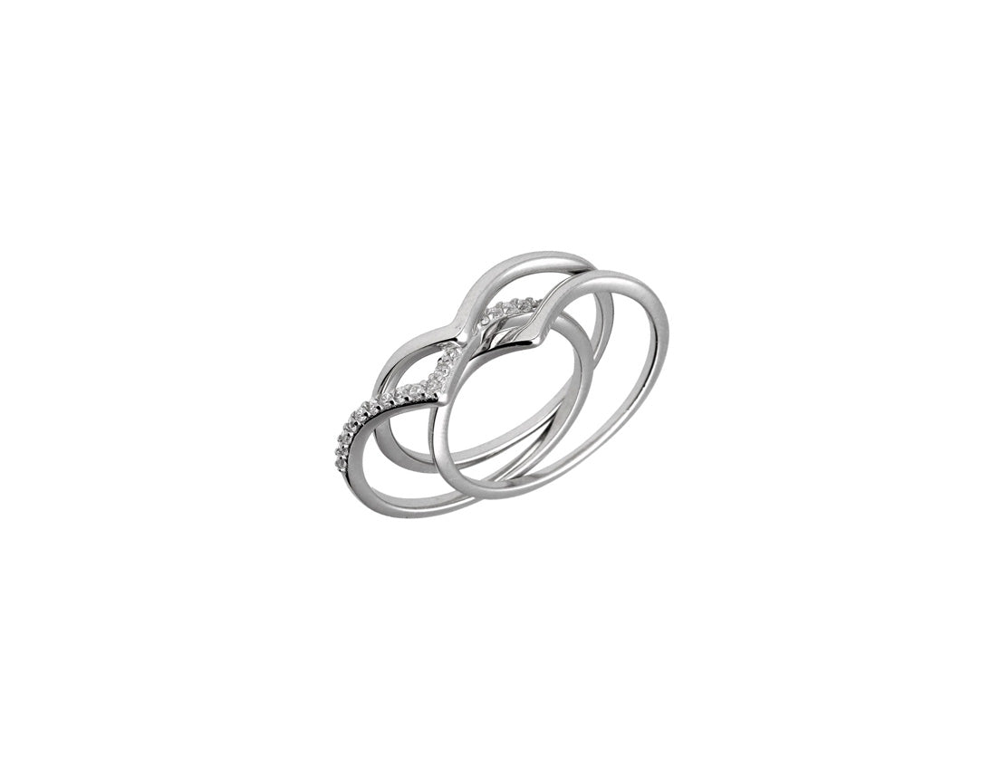 Silver V-RIng Set Of 3, Plain and CZ Covered - Amona Jewellery