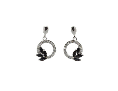 Silver Rhodium Plated Earrings With Black Zirconia Leaf Shape - Amo