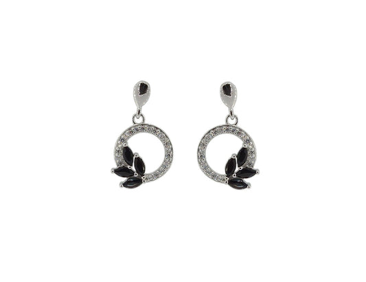 Silver Rhodium Plated Earrings With Black Zirconia Leaf Shape - Amo